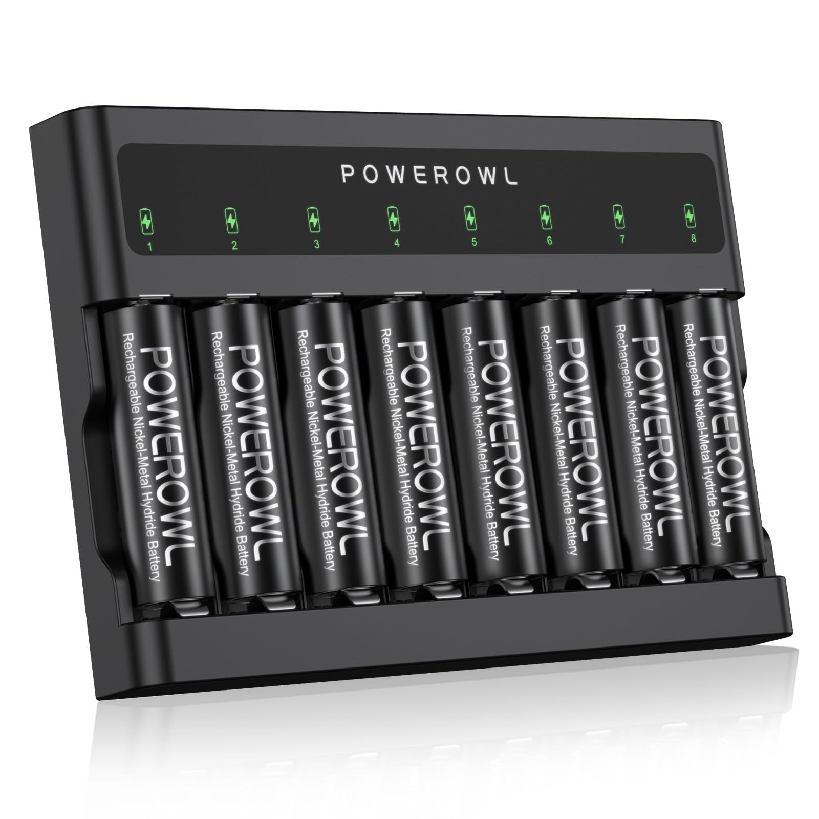 POWEROWL AA Rechargeable Batteries, 2800mAh, 1200 Cycles, 8 Pack with Charger