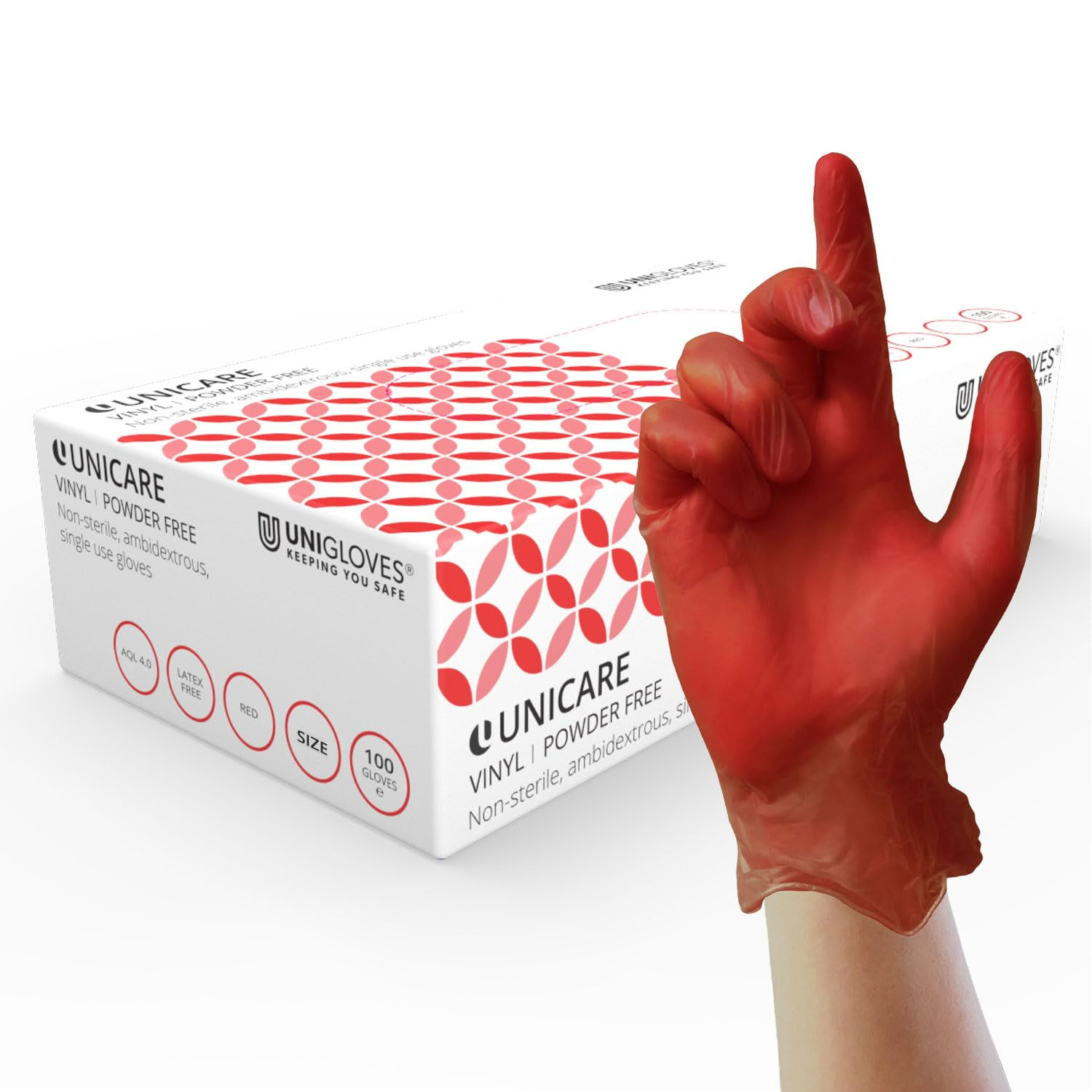 Unigloves Unicare Vinyl Disposable Gloves, Box of 100, Large