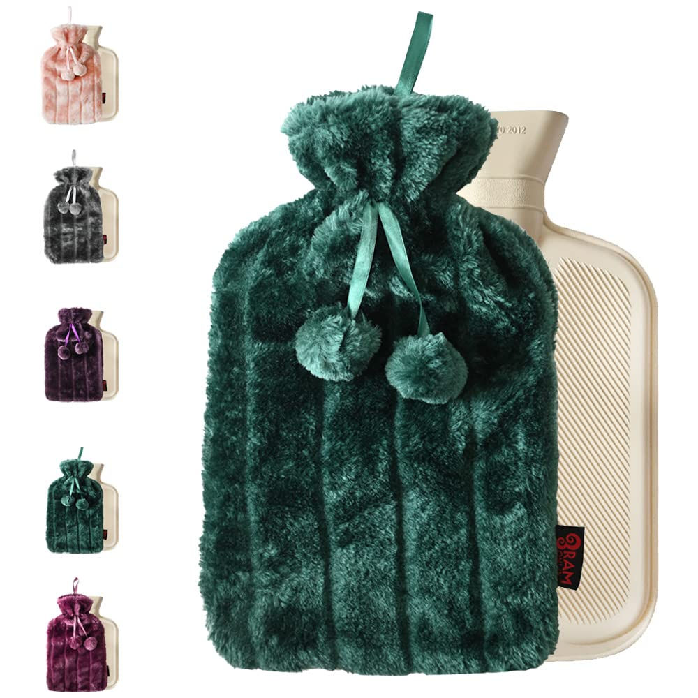 Ram� 2L Cosy Green Emerald Hot Water Bottle with Faux Fur and Pom Poms