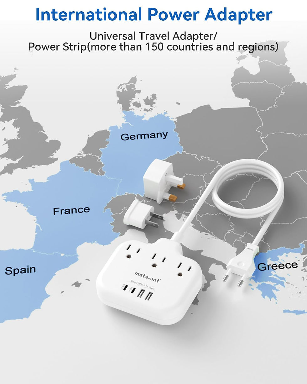 Thumbnail: European Travel Power Adapter, US to EU/UK, 5FT, 3 Outlets, 4 USB
