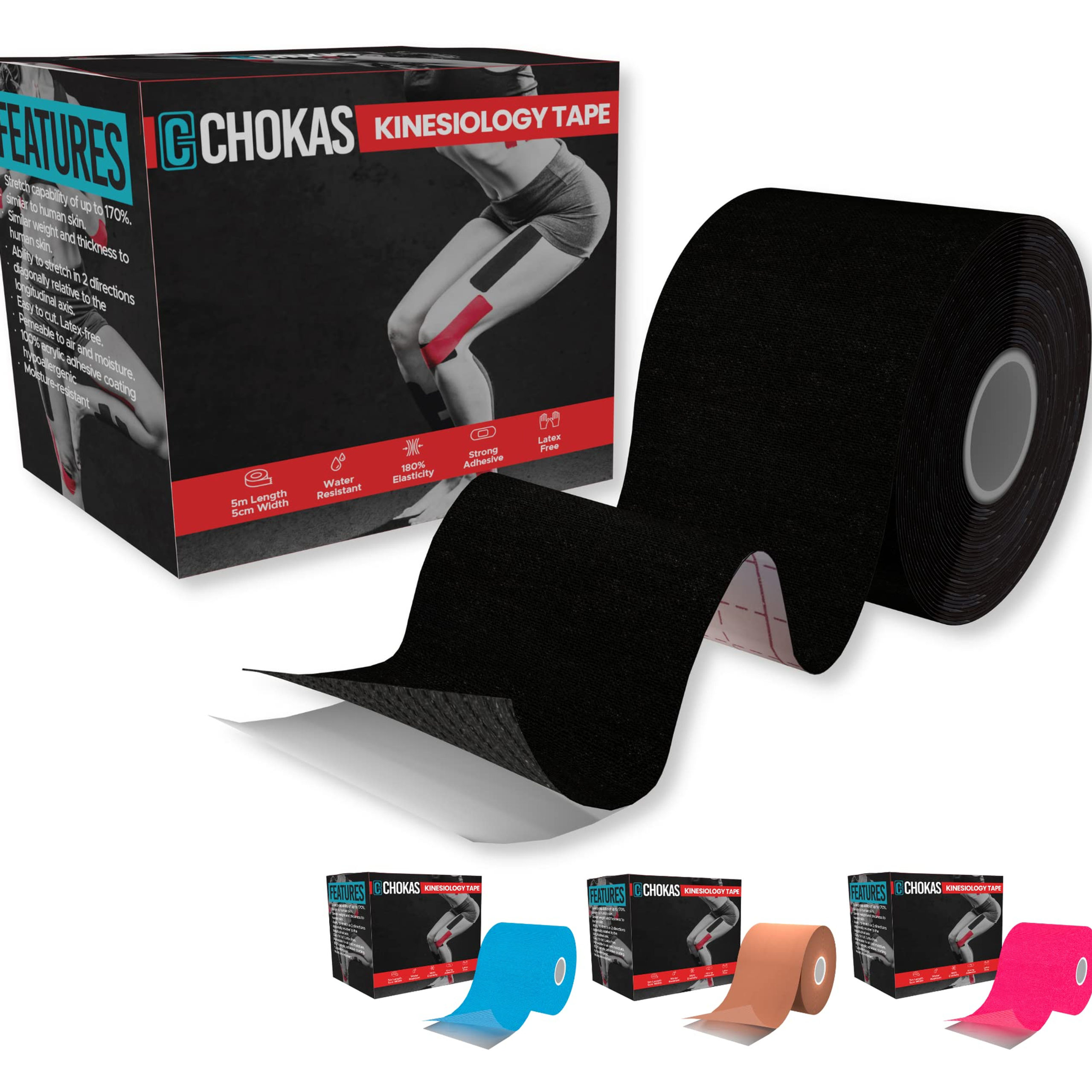 CHOKAS Kinesiology Tape for Muscle Pain Relief, 5m Roll, Black