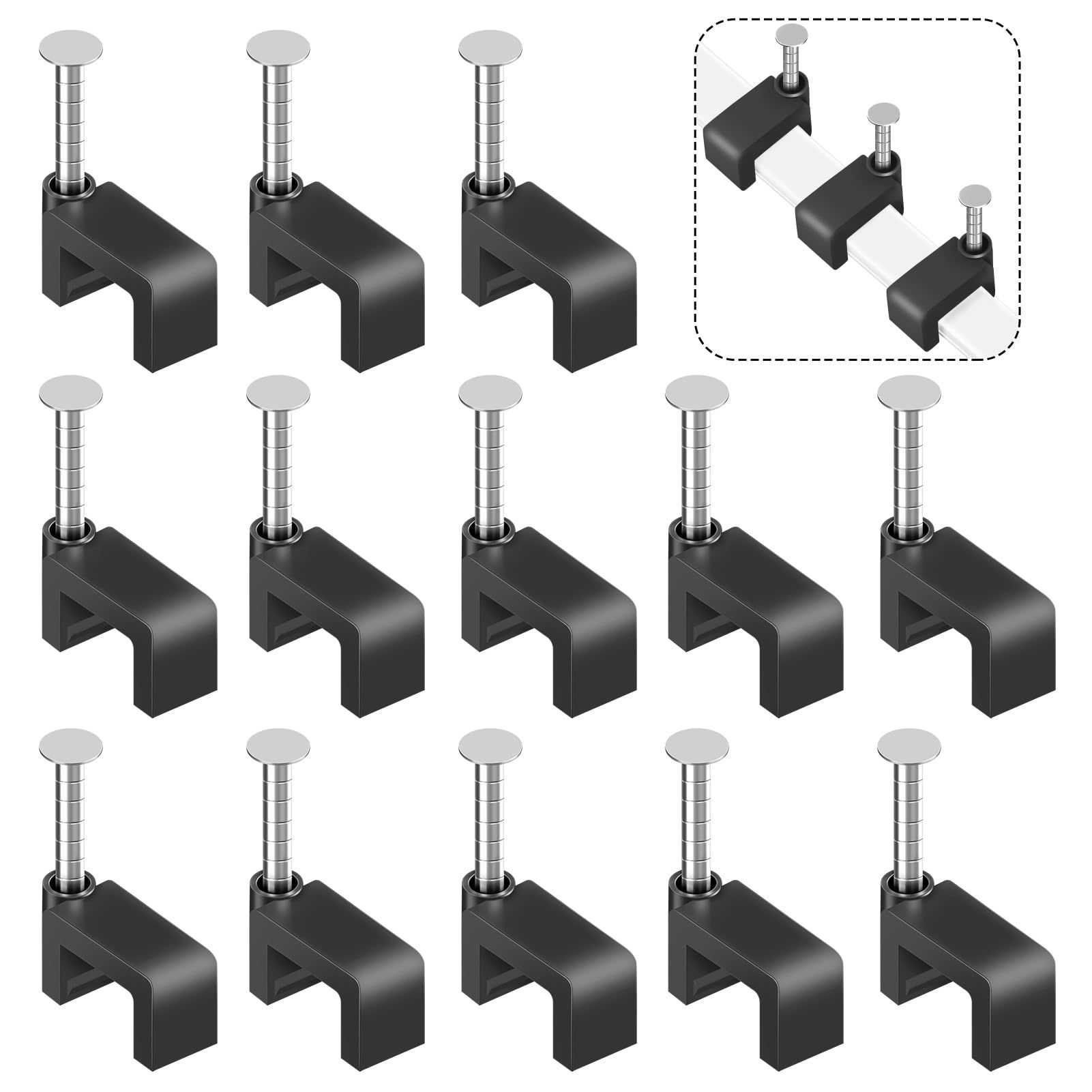 Black Cable Clips, Nail-in Ethernet Cable Clips, Flat 8mm, 100 Pcs Pack