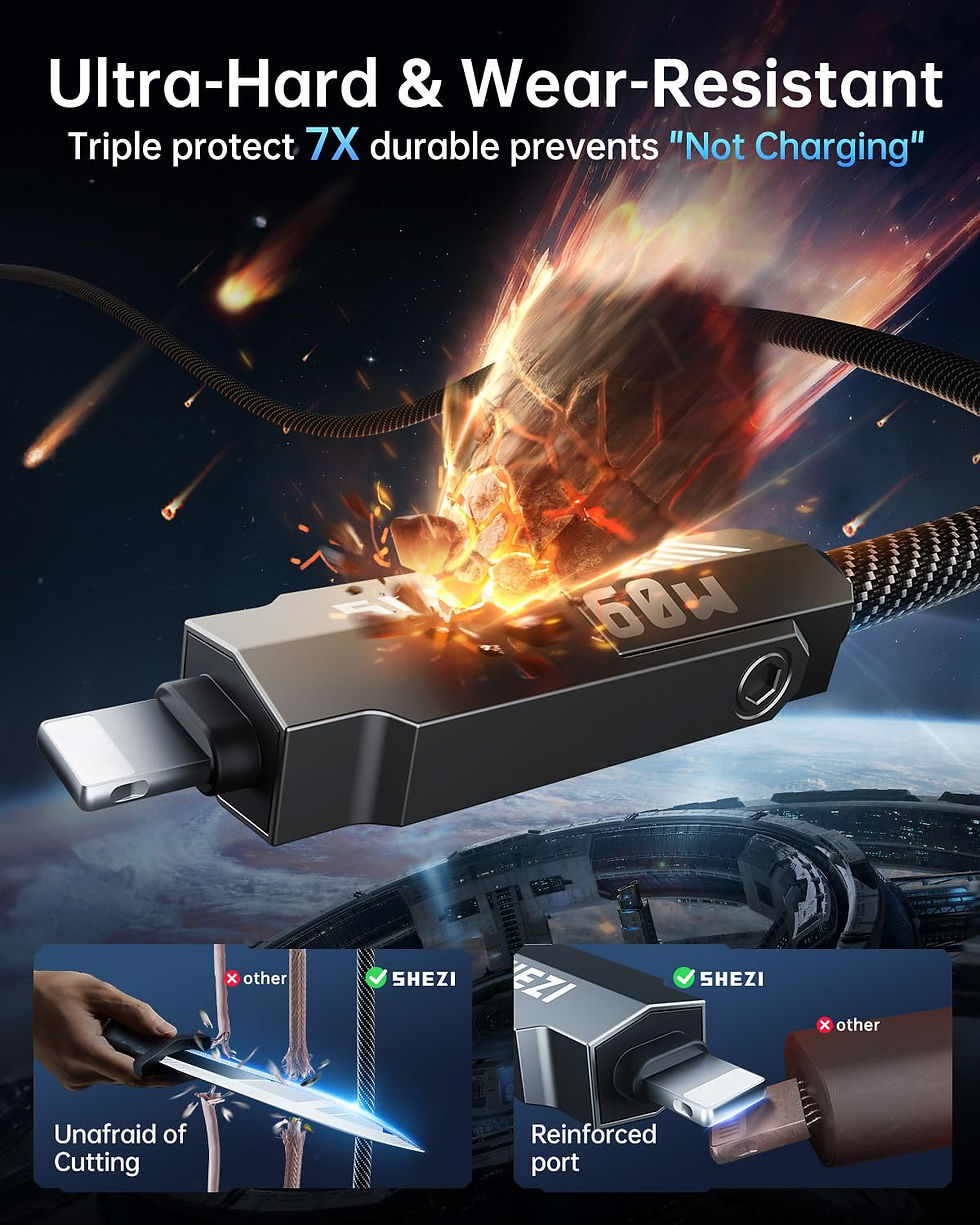 Thumbnail: SHEZI 4-in-1 60W 5FT USB C Cable, Nylon Braided iPhone Charging Cord, Grey