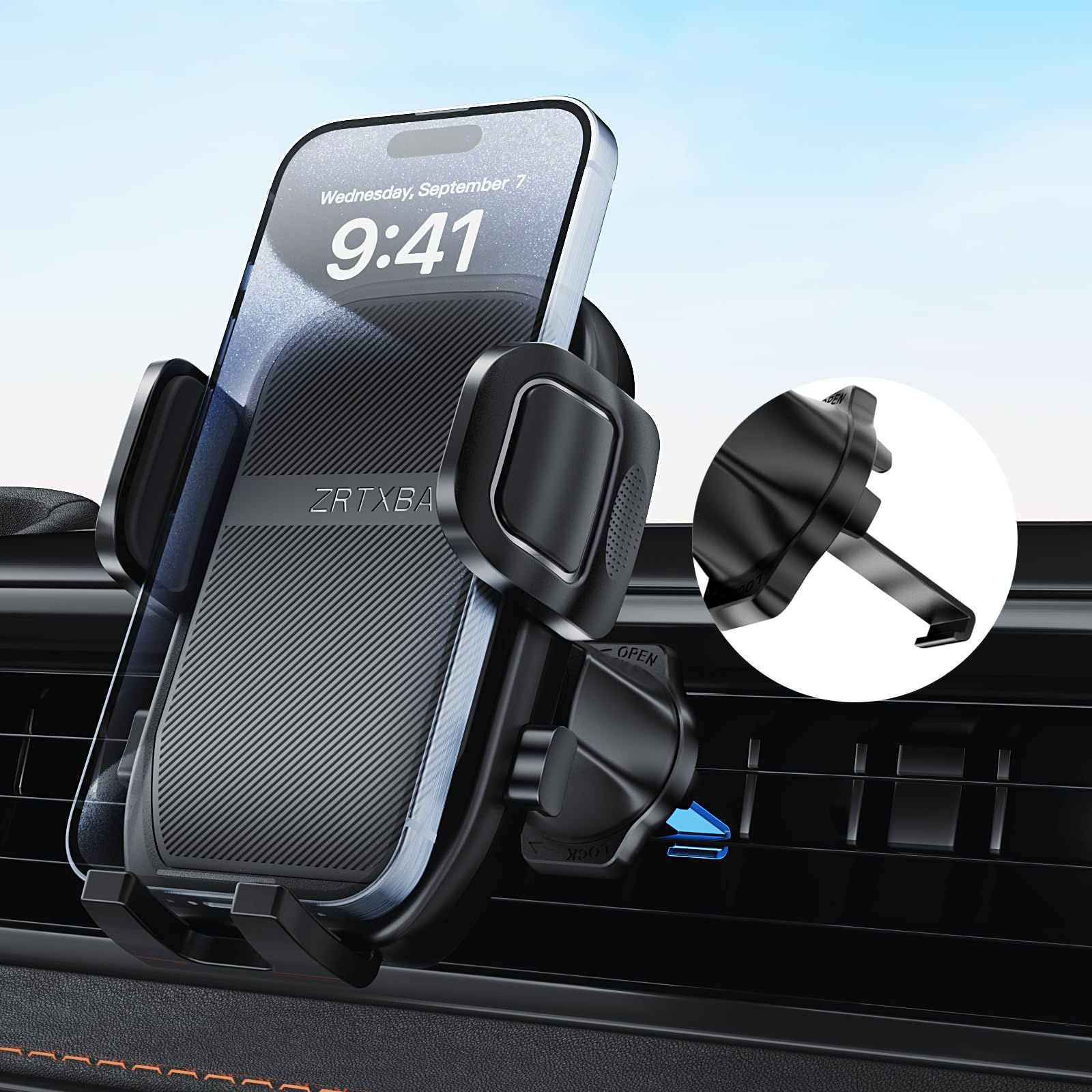 Car Phone Holder with Metal Hook Clip, 360° Rotation for iPhone & Android