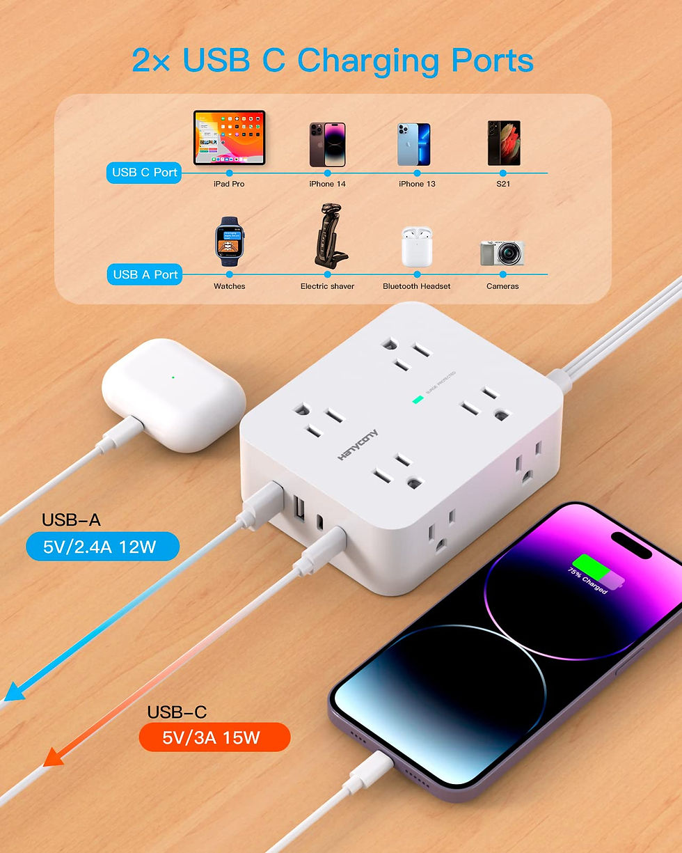 Thumbnail: Surge Protector Power Strip, 5 ft Cord, 8 Outlets & 4 USB Ports for Home/Office