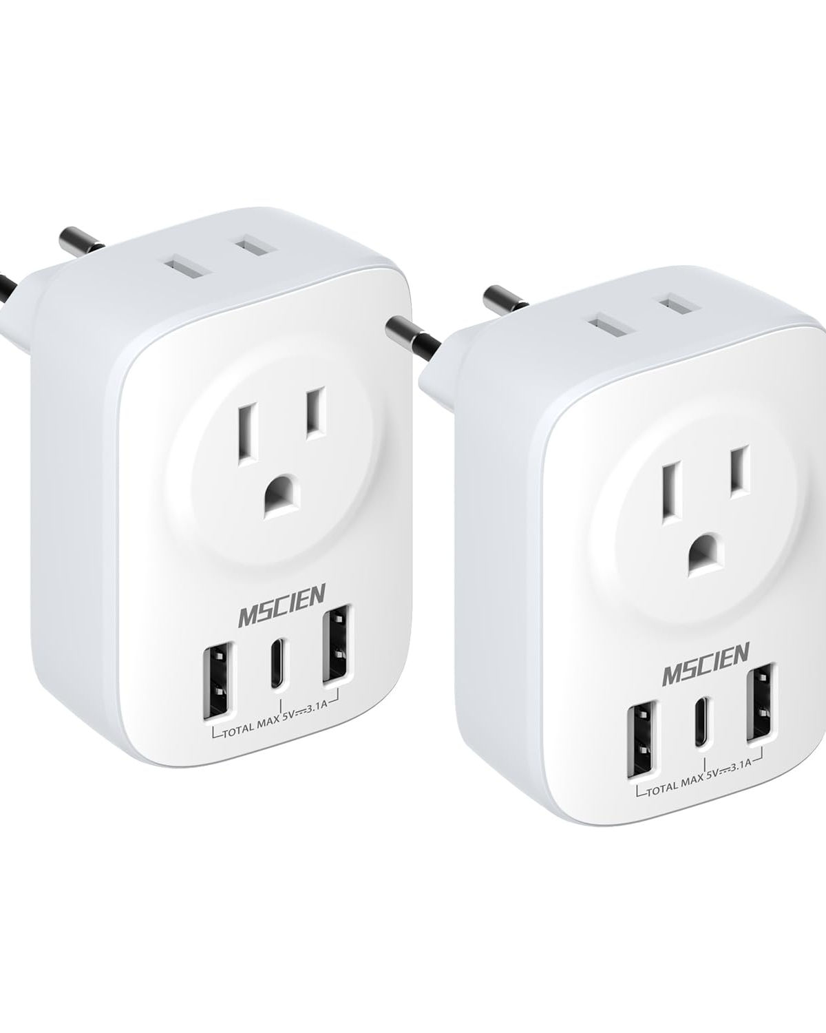 European Travel Plug Adapter 2-Pack, with USB Ports for AC Outlets (White)