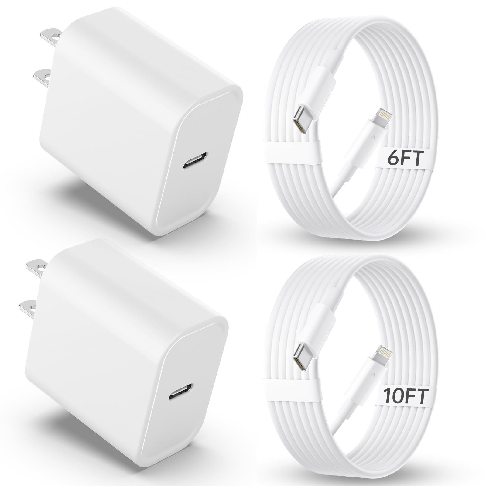 iPhone Charger 2-Pack, 20W USB C Wall Charger, 6ft & 10ft Cables for iPhone