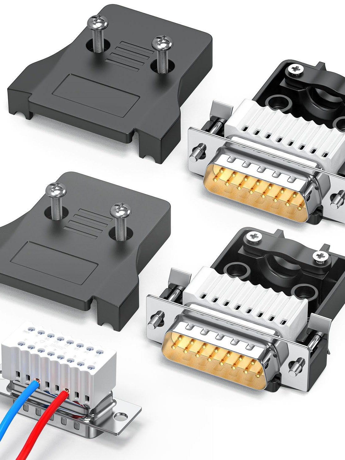 2-Pack Small DB15 Male Solderless Connector, RS232 D-SUB Adapter