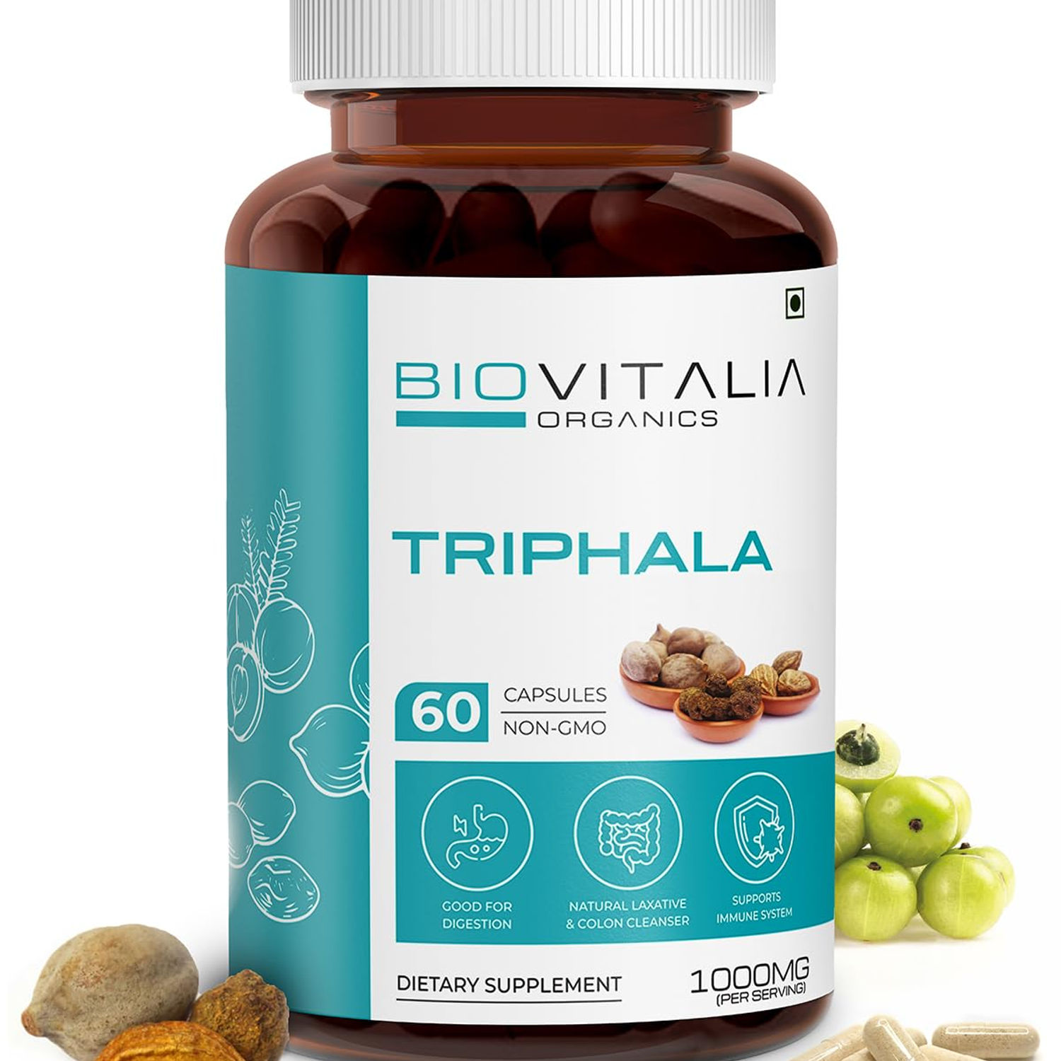 BIOVITALIA Triphala Capsules, Digestive Support with Haritaki, 60 Capsules