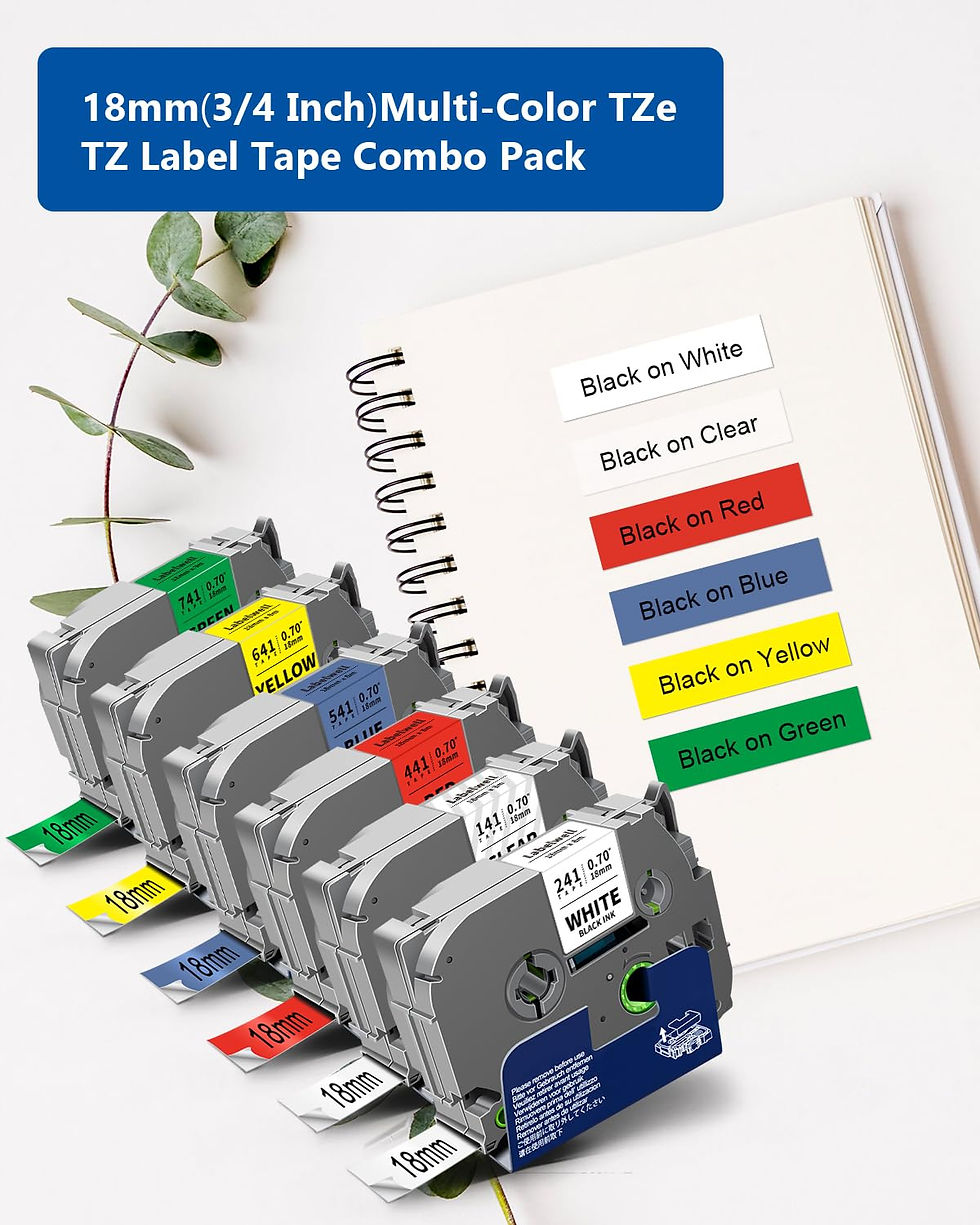 Thumbnail: 6-Pack Brother P-Touch Label Tapes for PT-D400 Clear/White/Red/Yellow/Blue