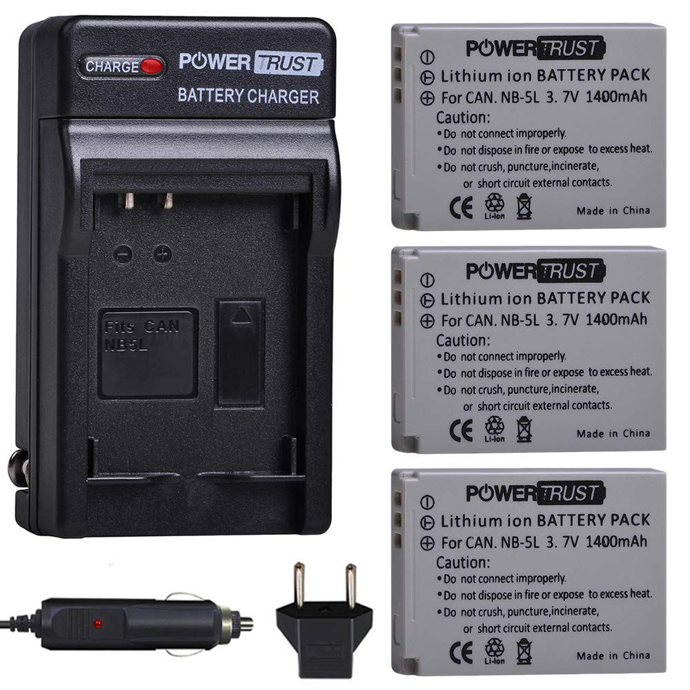 NB-5L Battery (3-Pack) and Charger for Canon PowerShot Cameras, Fast Charging