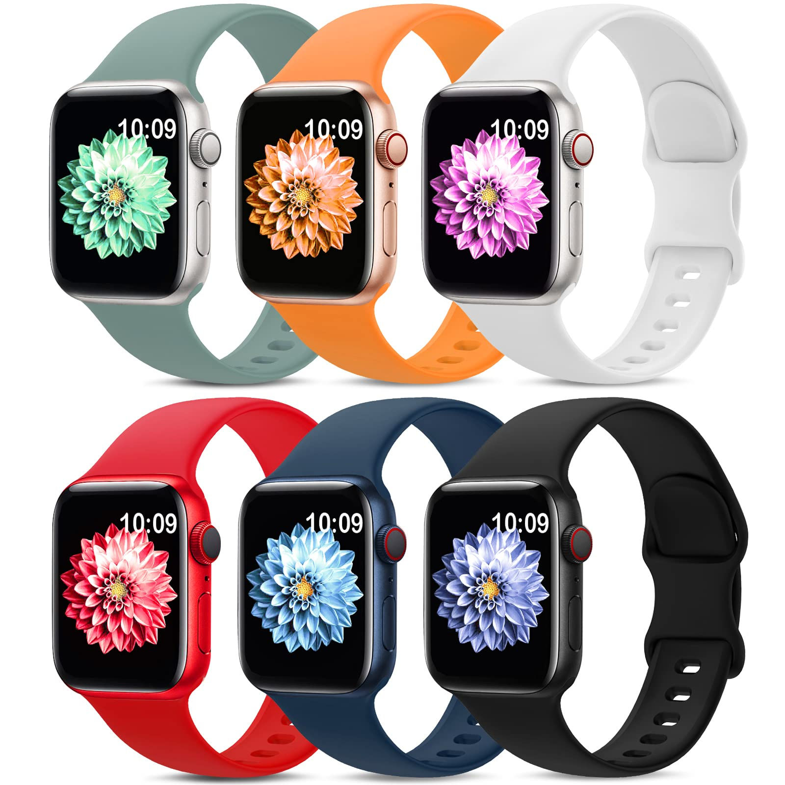 6-Pack Sport Bands for Apple Watch (38mm-49mm, Silicone, Multi-Color)