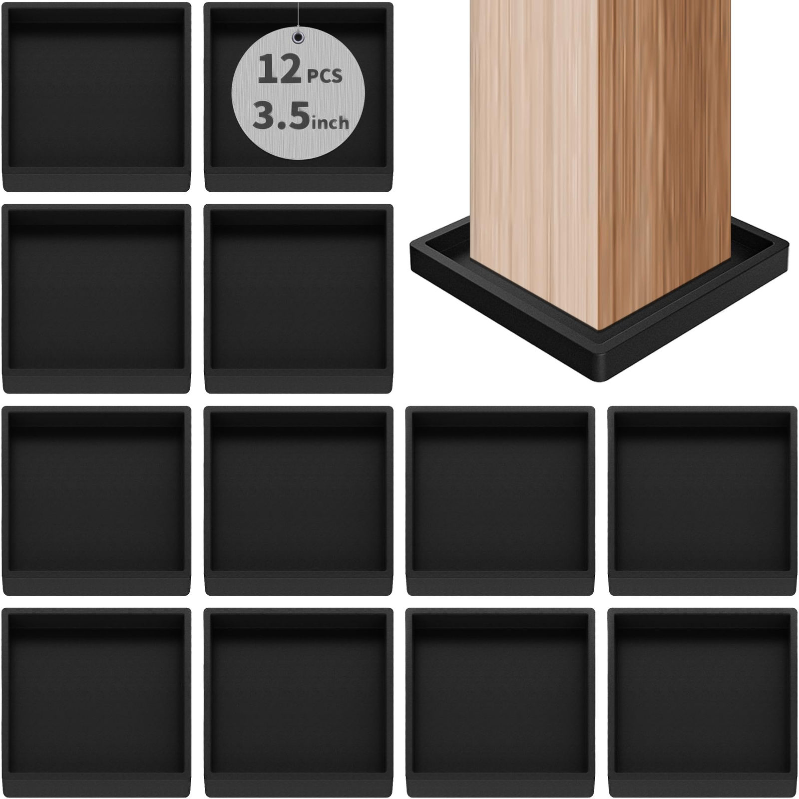 Non Slip Furniture Pads Square Rubber Caster Cups (Set of 12) Black (3.5 inch)