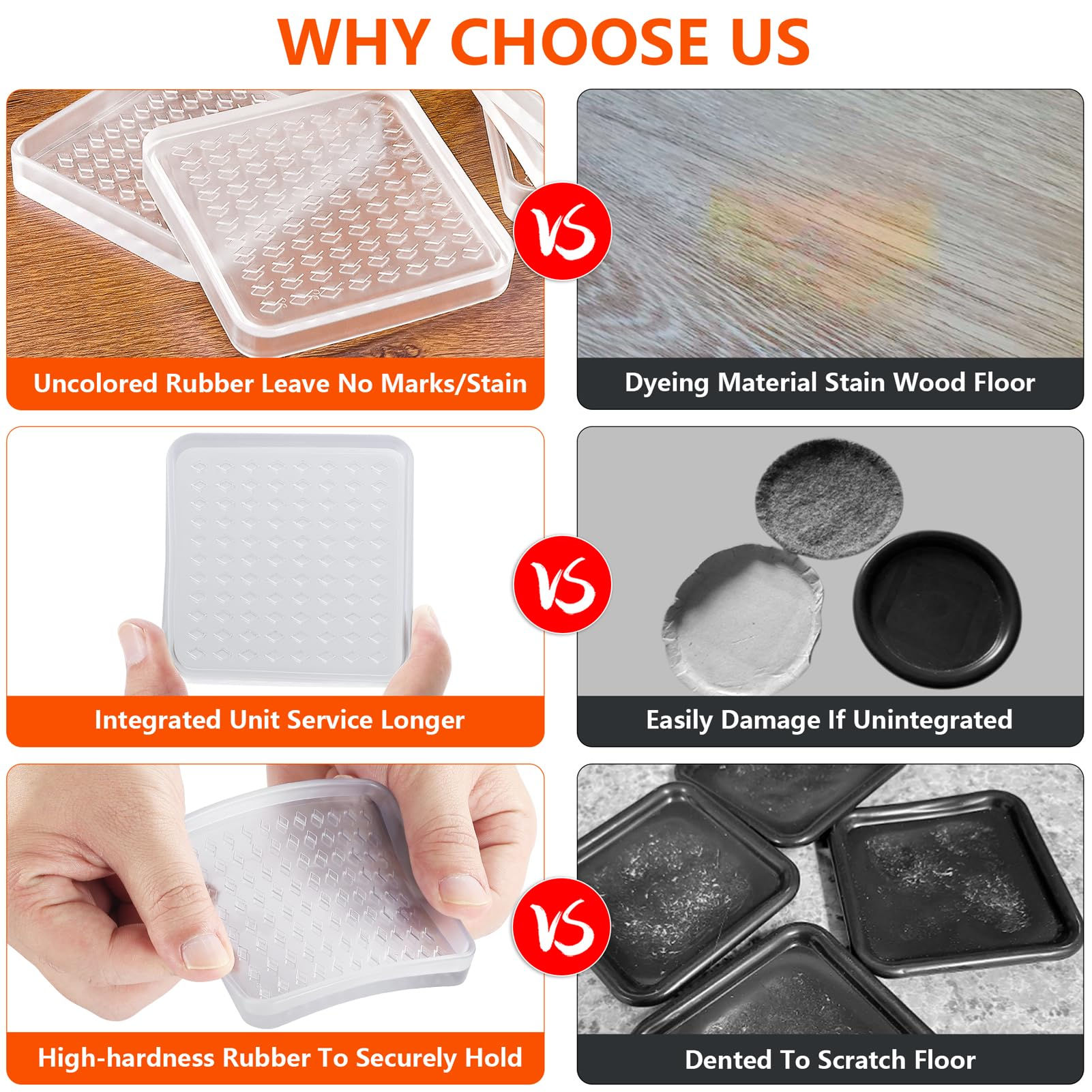 8 Pcs Clear Furniture Coaster Cups for Hardwood Floor, Square Non-Slip Rubber