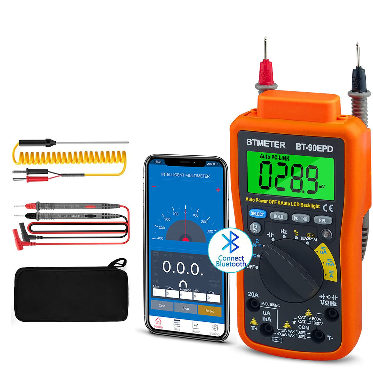 Bluetooth Digital Multimeter, Auto Ranging, AC/DC Voltage, Resistance, Logger