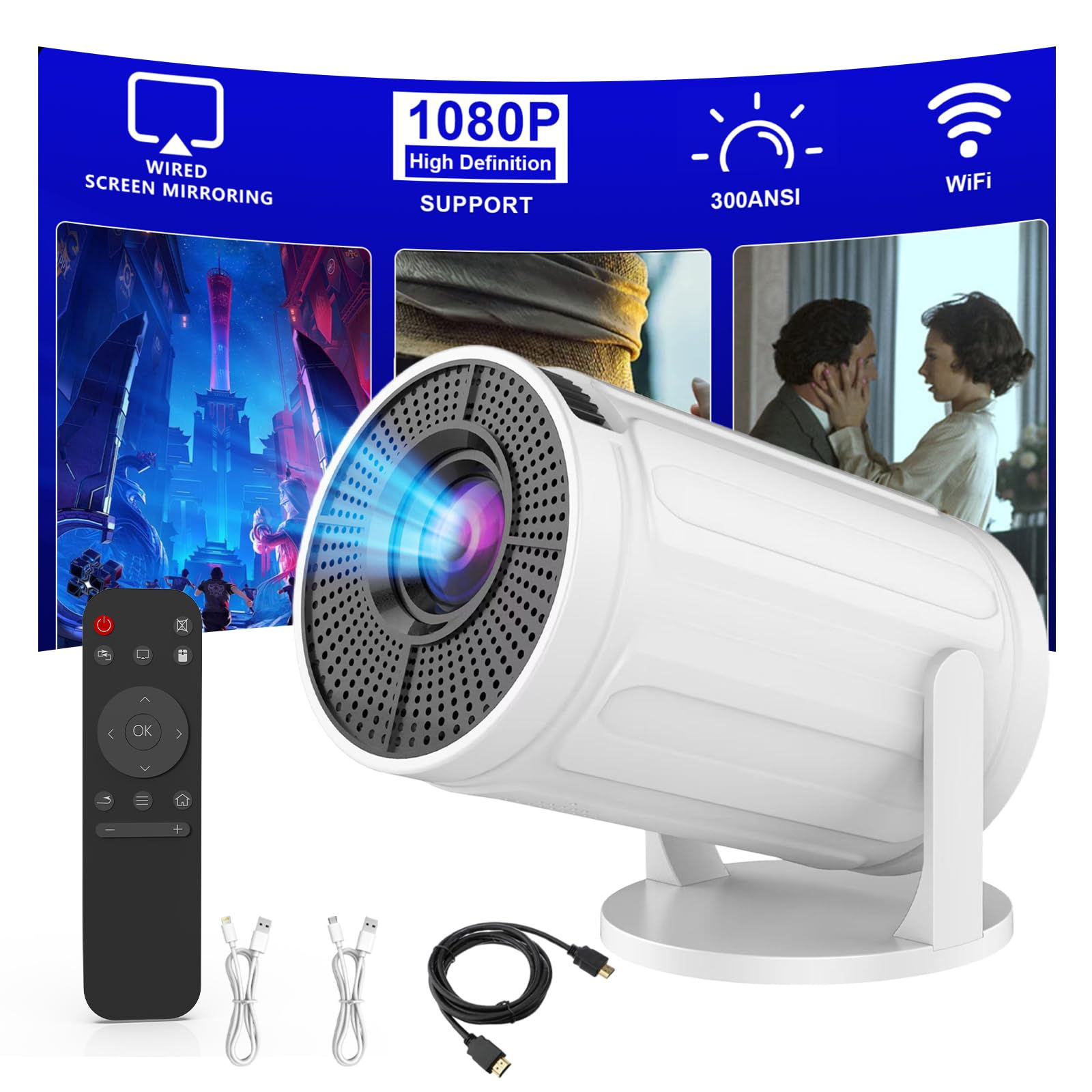 Wireless Mini Projector with WIFI, 4K 1080P Support Portable Projector 180�