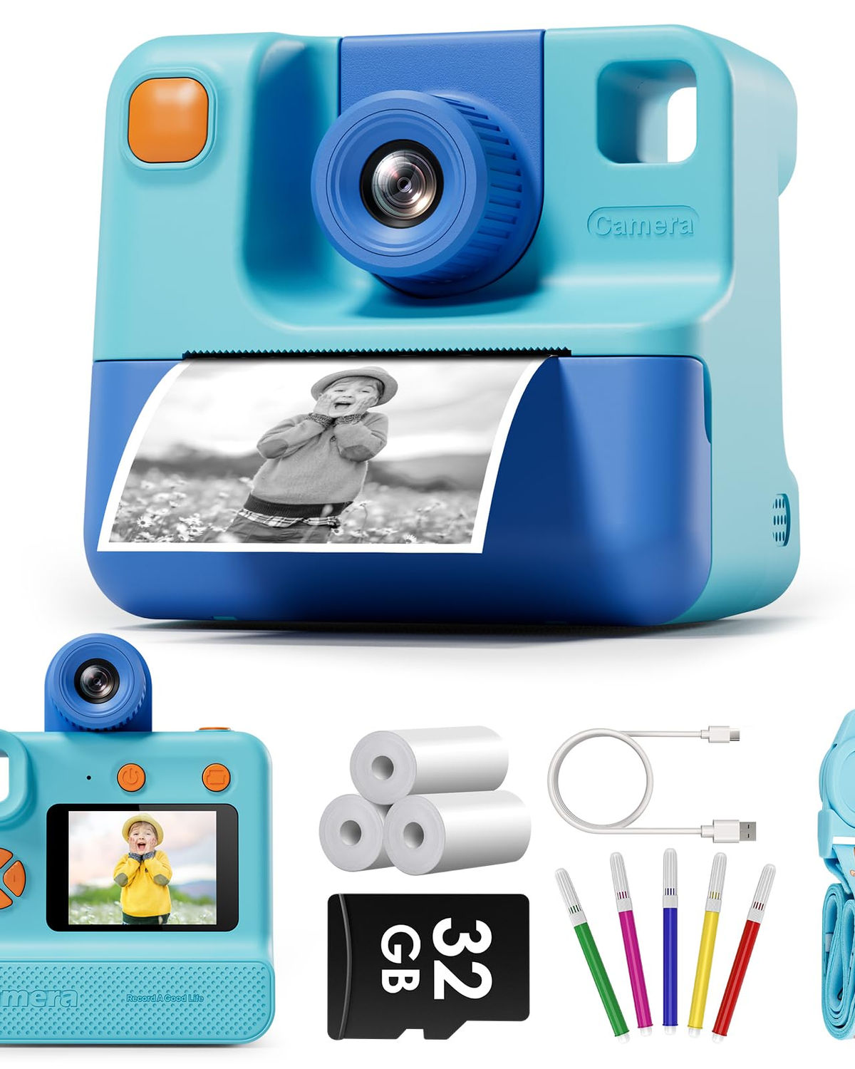 Instant Print Kids Camera, 24MP Selfie Camera with 32GB SD Card (Blue)
