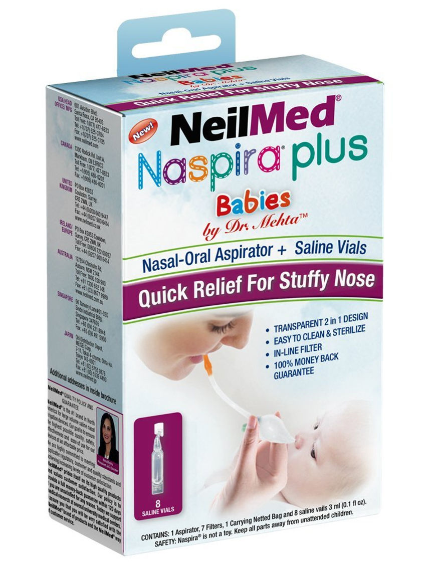 NeilMed Naspira Plus Nasal Oral Aspirator, Count 1 saline ampoule(8) with