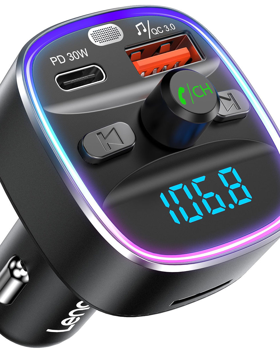 LENCENT Bluetooth FM Transmitter Car Adapter, Fast Charging, 7 Color Light