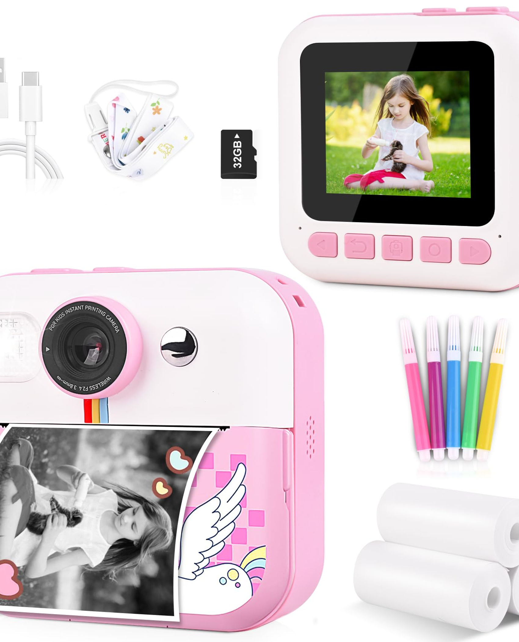 Instant Print Kids Camera, 1080P Digital Camera for Boys & Girls, Pink