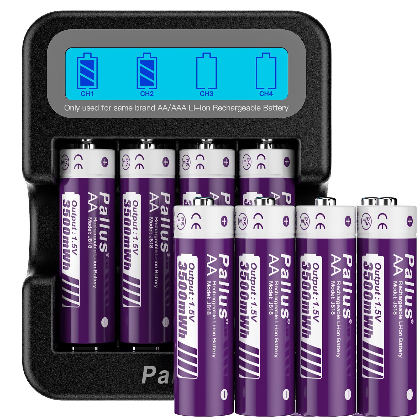 Pallus Rechargeable AA Batteries, 8-Pack, with LCD Charger, Black
