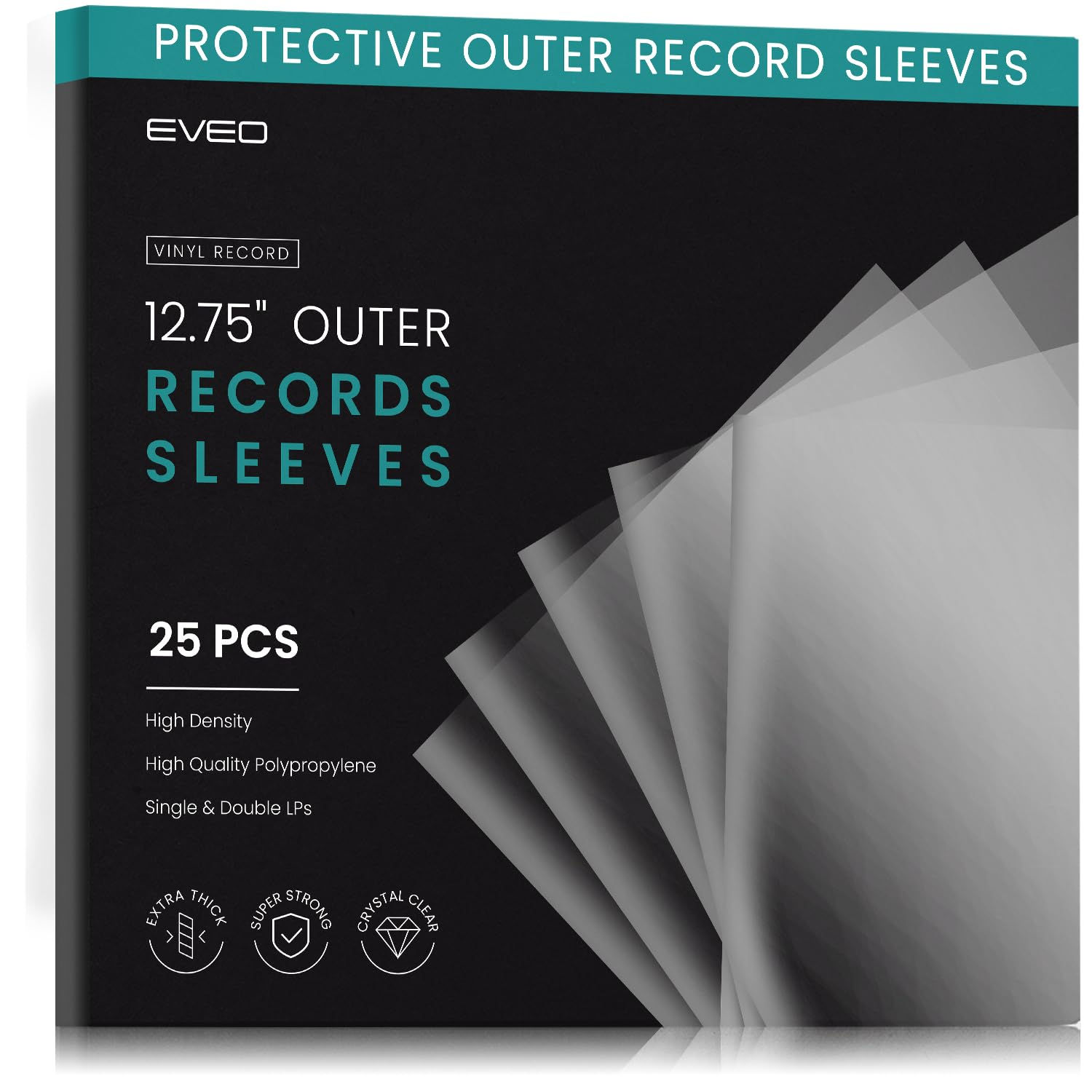 EVEO 25 Vinyl Record Sleeves, Crystal Clear, Outer Storage for LPs, 25-Pack
