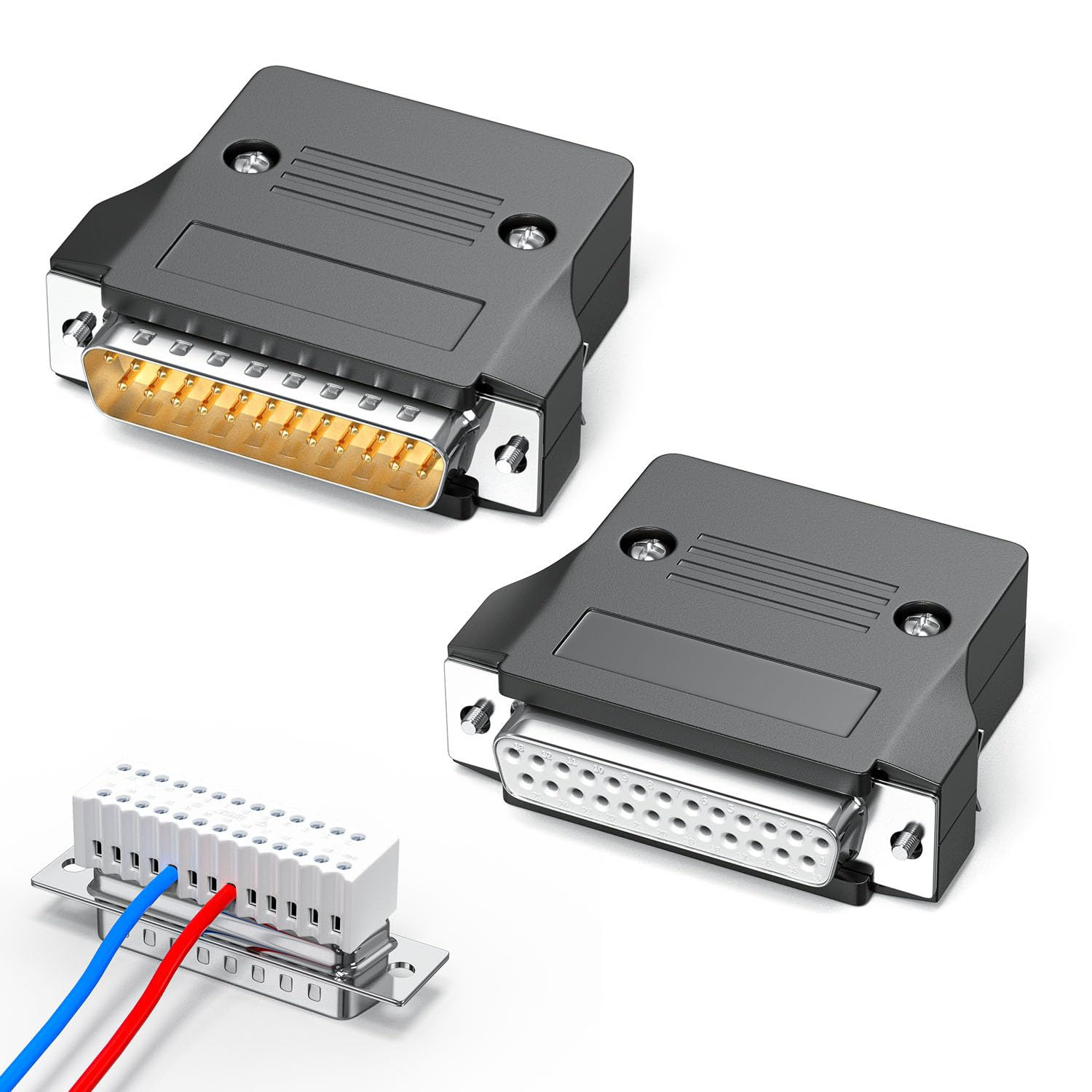 DB25 Solderless Connector, RS232 Serial to 25 Pin Port Adapter, 2 Pack