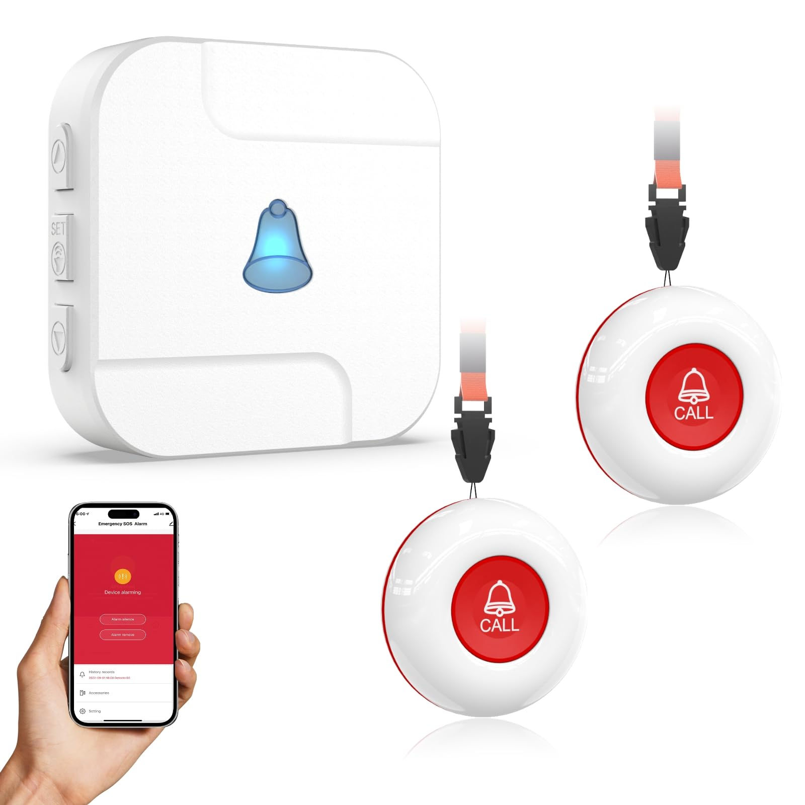 WiFi Caregiver Pager Alert for Seniors 2 SOS Buttons+1 Receiver No Monthly Fee