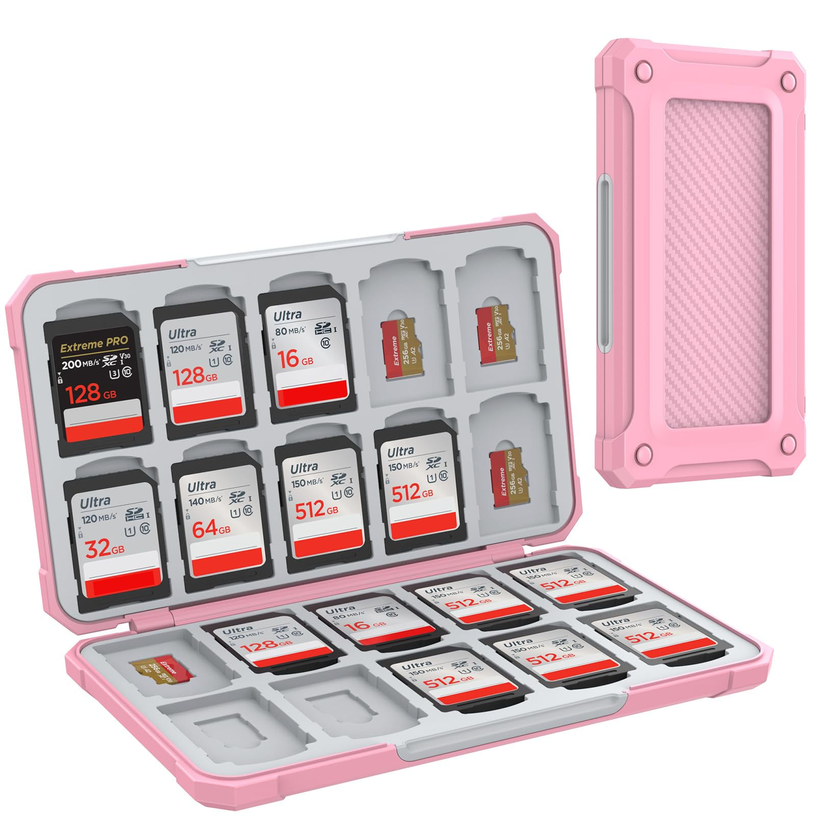 HEIYING Portable Memory Card Case for SD & TF Cards, 20 Slots, Pink Carbon Fiber