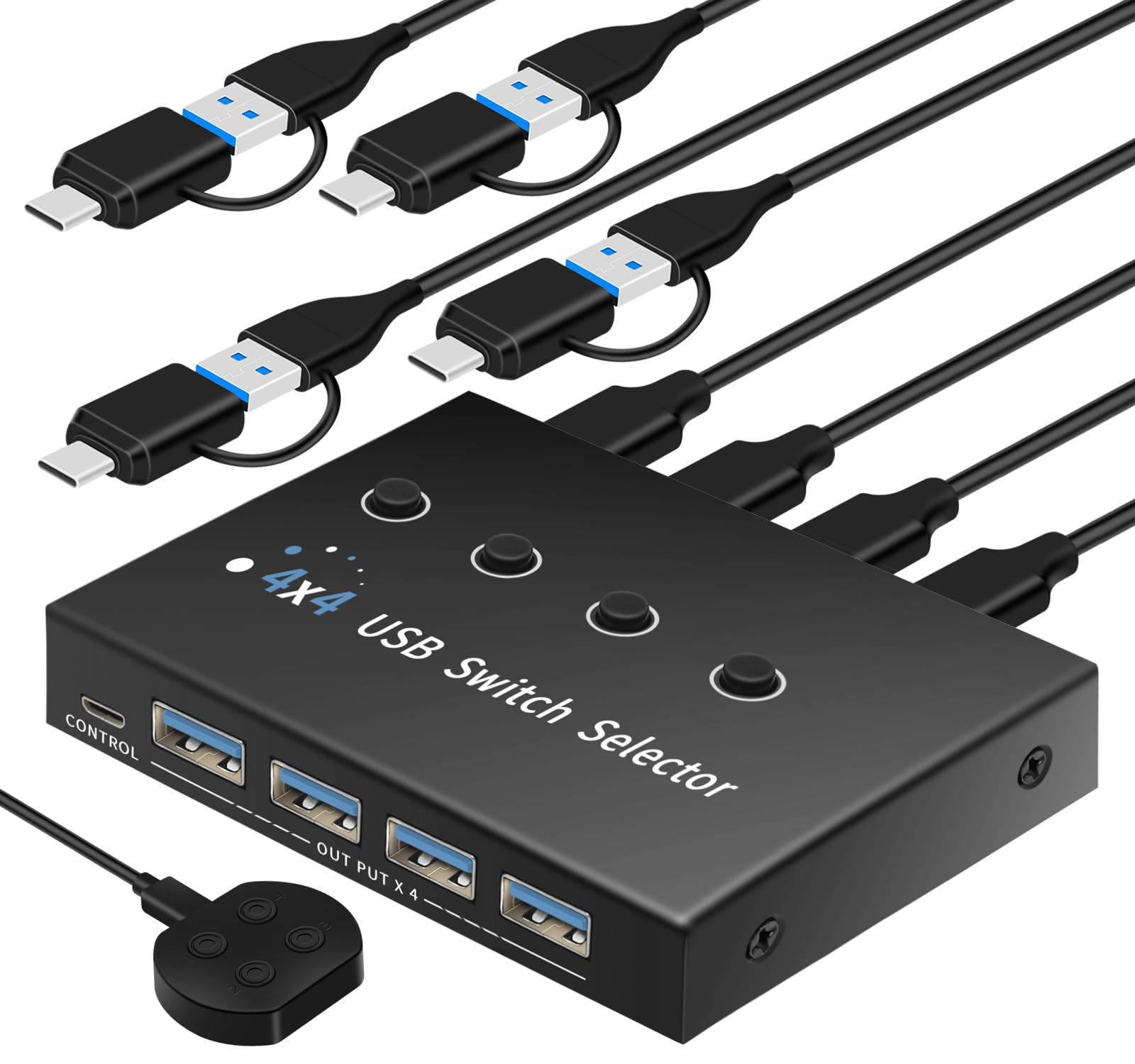 USB Switch for 3-4 Computers, Share Keyboard/Mouse, USB-A & C Cables