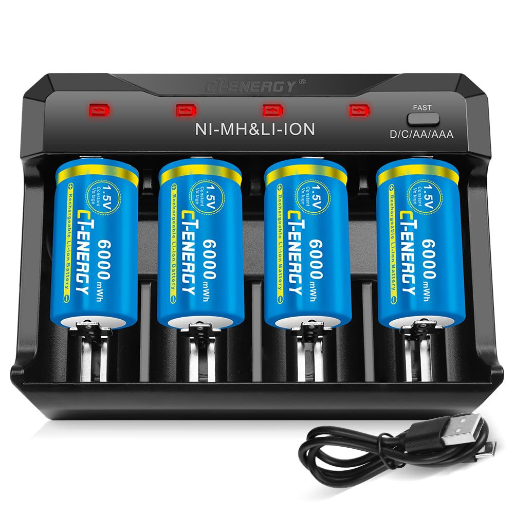 Rechargeable C Batteries, 6000mWh with 4-Bay Charger for Ni-MH/Ni-Cd AA/AAA