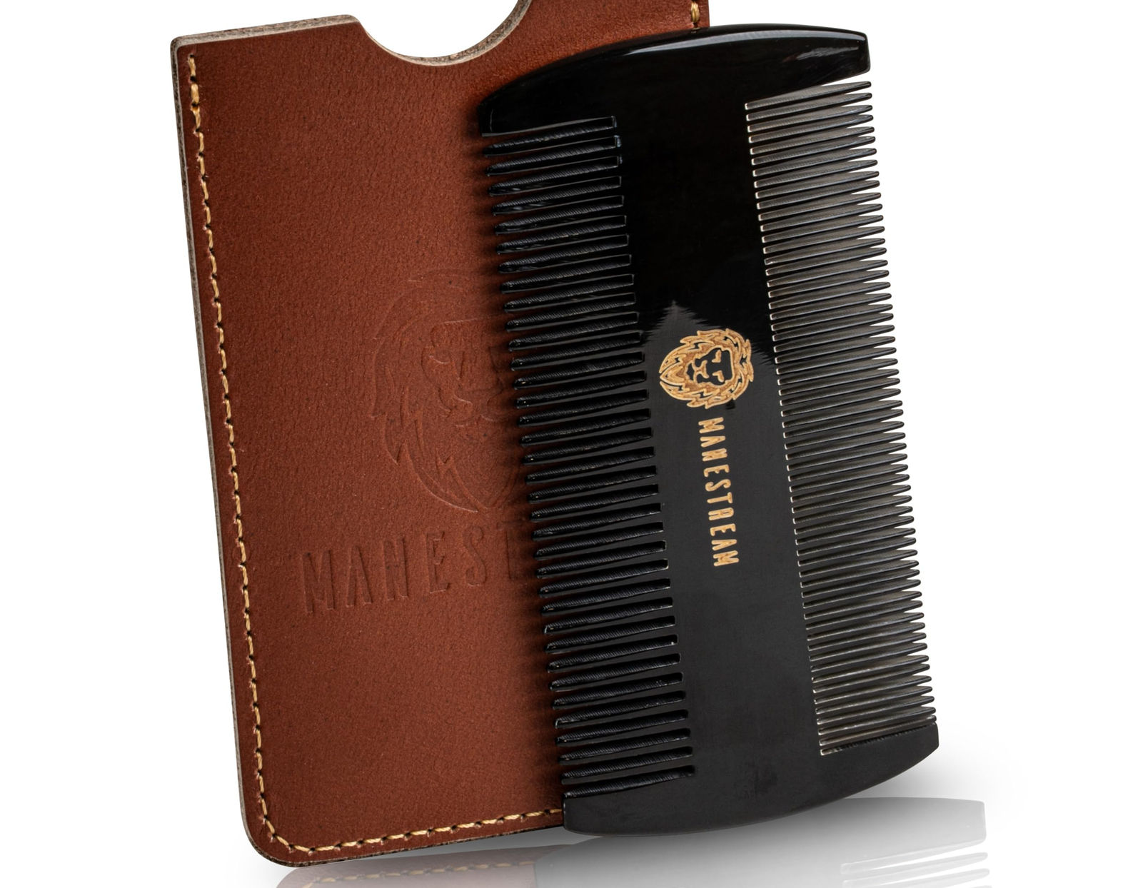 Oxhorn Beard Comb with Leather Case, Premium Dual-Action Grooming