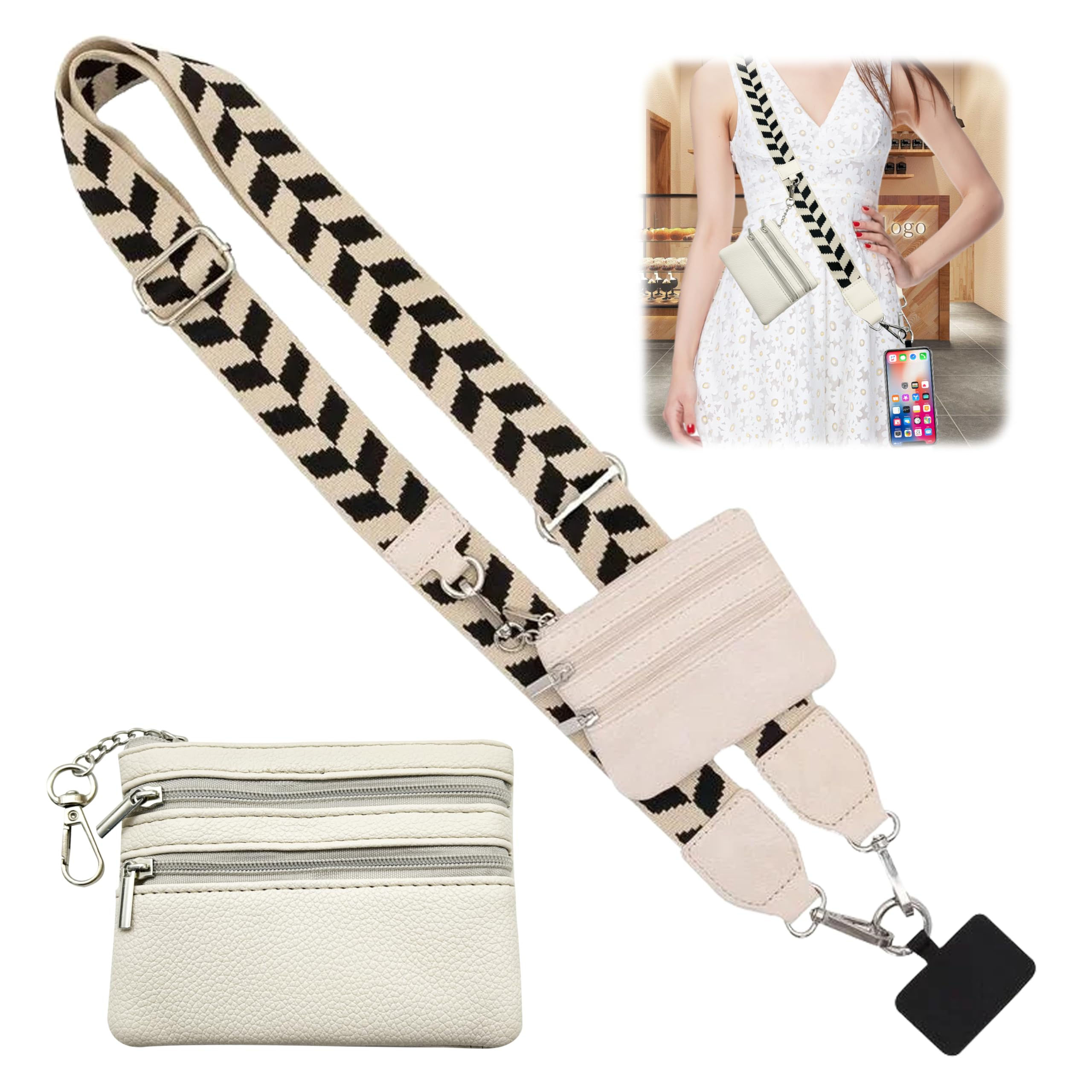 Clip And Go Phone Strap with Wallet, Adjustable Chain Lanyard, Black