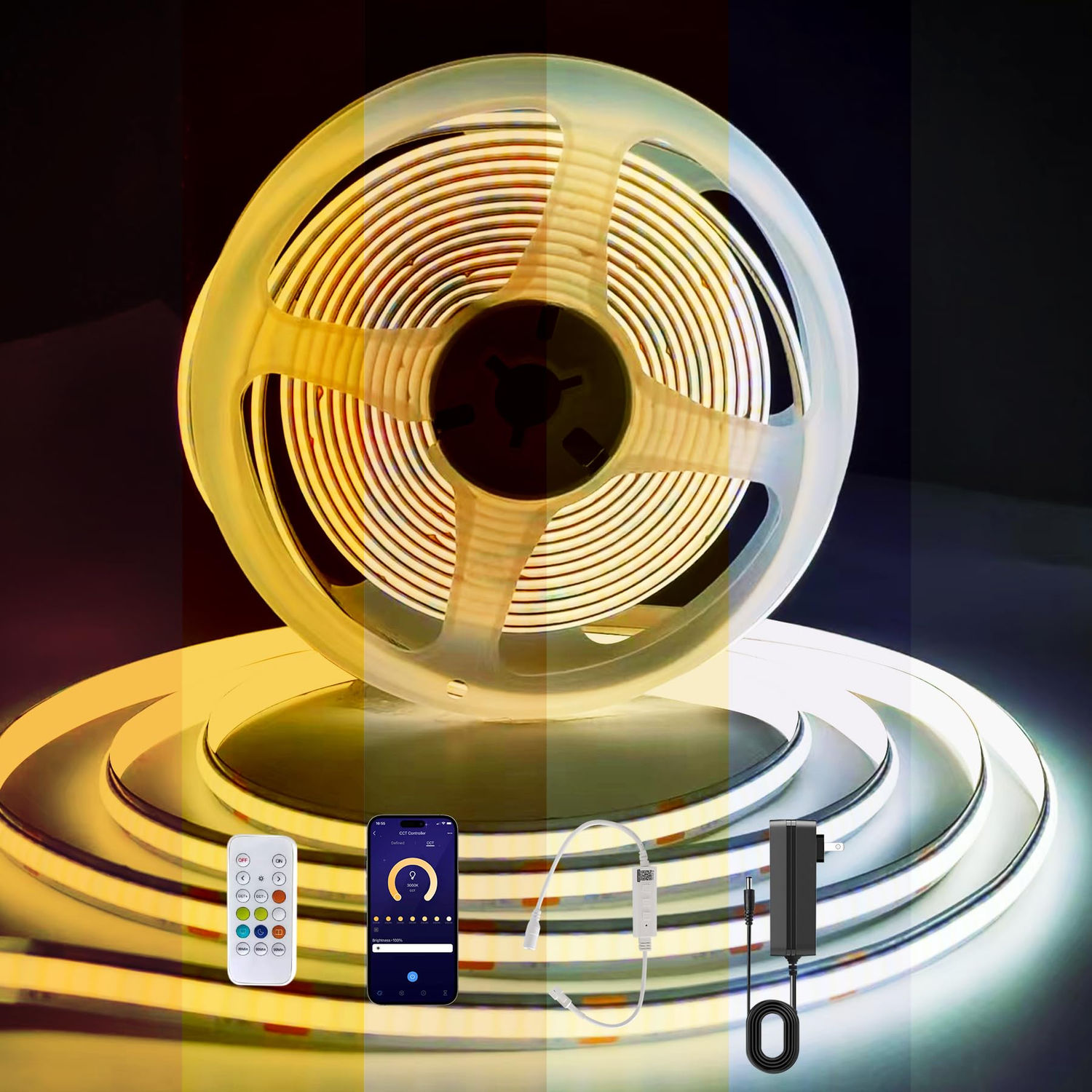 CCT COB LED Strip Tunable to Light 16.4ft, 608LEDs/M White Warm Strip,