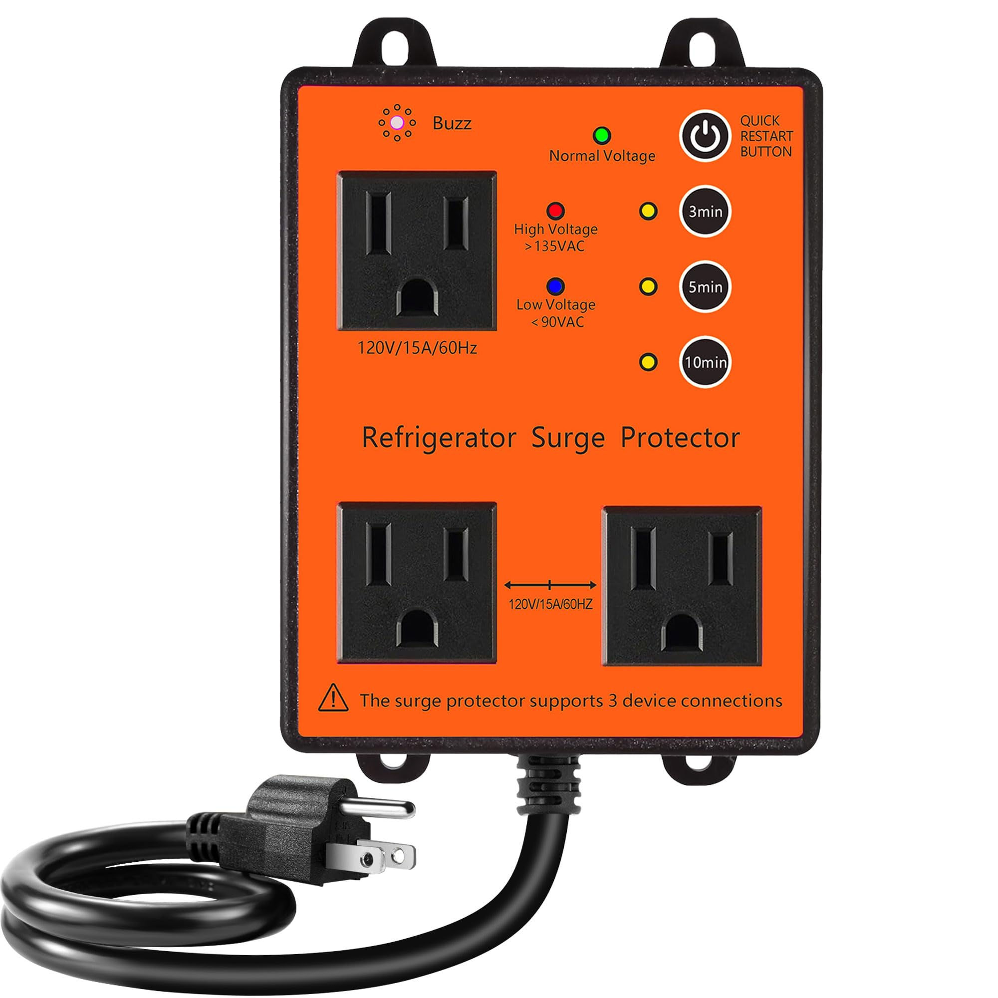 Refrigerator Surge Protector, 3 Outlet, Time Delay, Voltage Protection