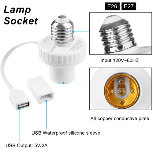 Bulb Camera E26 Light Socket USB Adapter Female Plug 120V To 5V