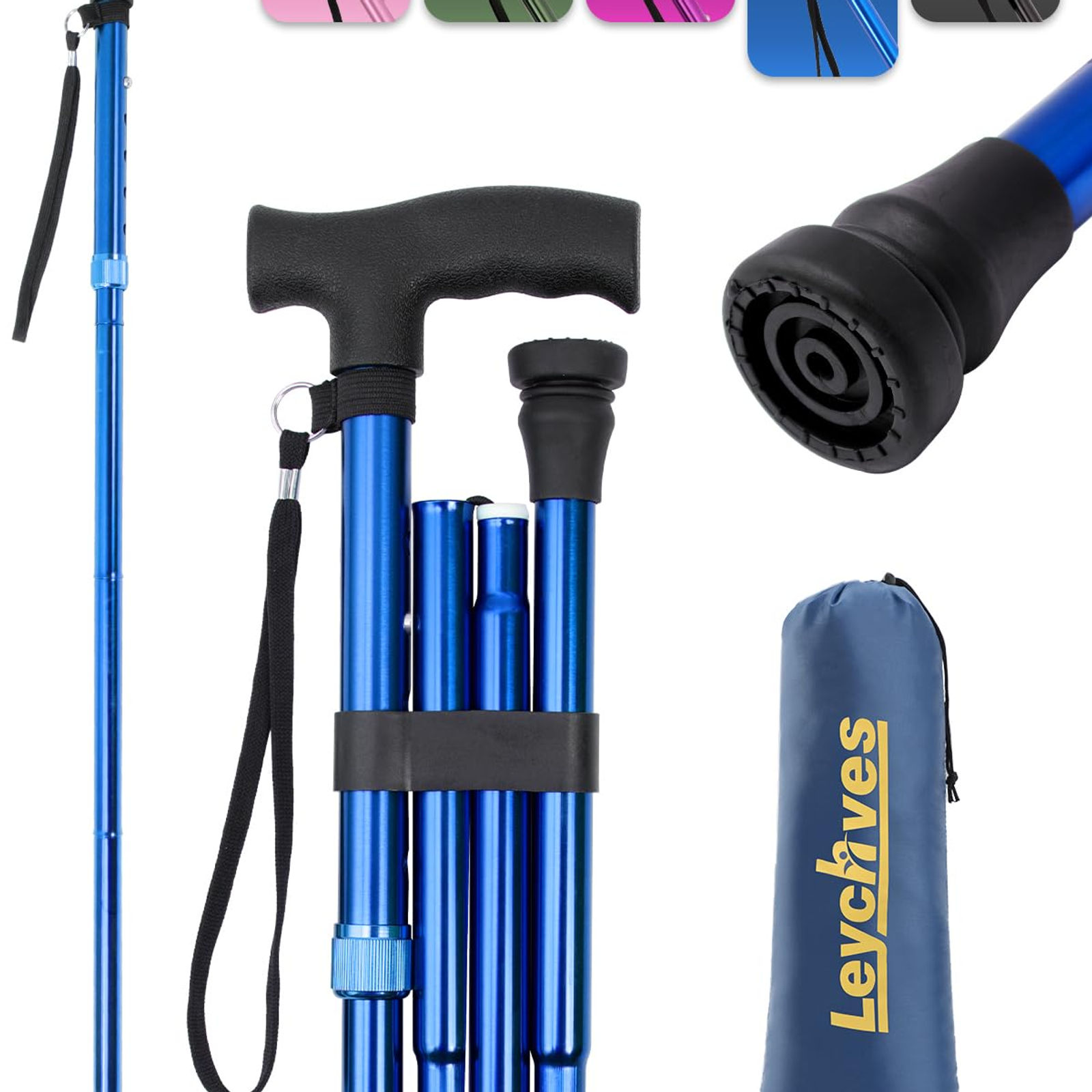 Folding Walking Sticks for Women | Adjustable & Collapsible, Blue Design