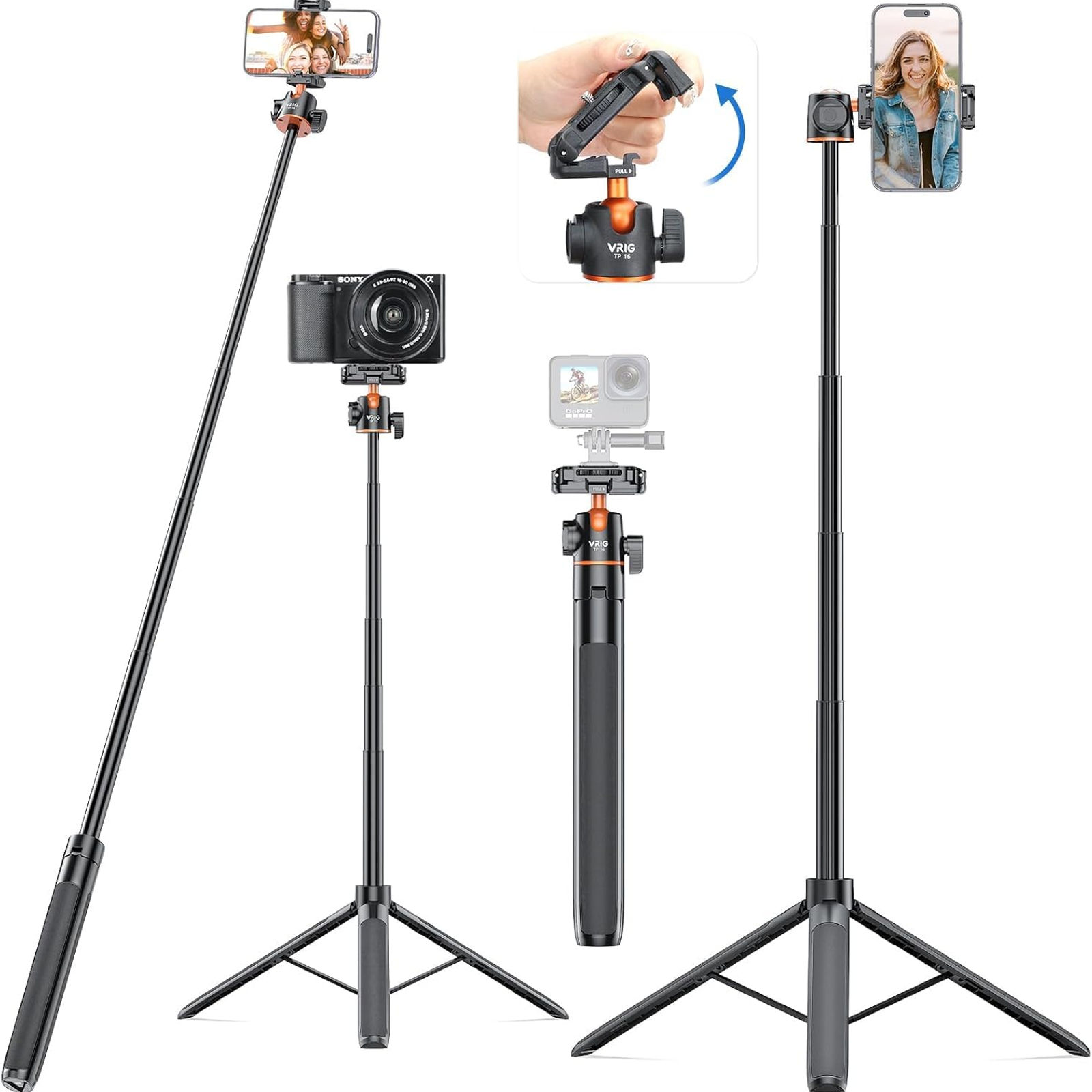 VRIG TP16 55" Extendable Tripod Selfie Stick, 2-in-1 Clip, 360° Head for iPhone