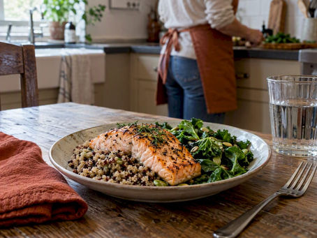 Salmon quinoa and greens on a plate