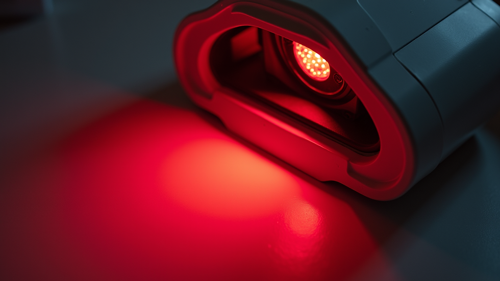 Close-up view of red light therapy device emitting light