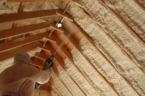 Spray foam insulation installation in attic