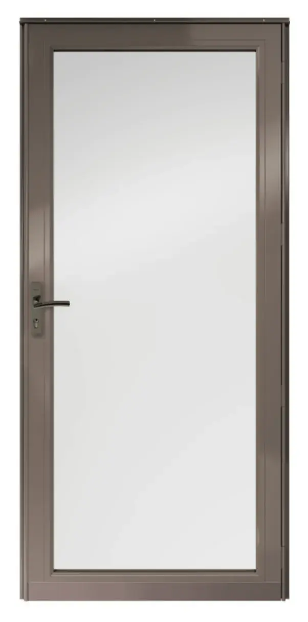 Grey aluminum storm door with handle