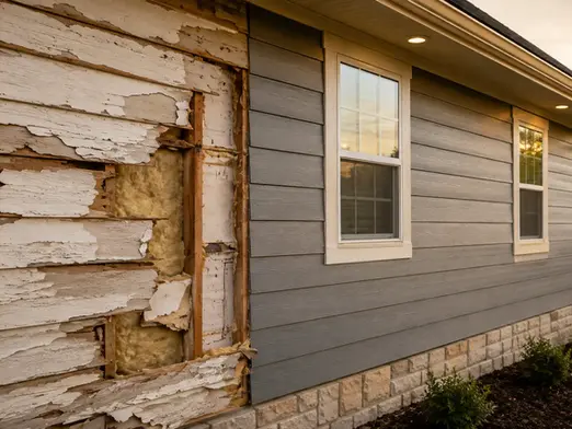 Home exterior showing new insulated siding installation next to an older damaged siding section.