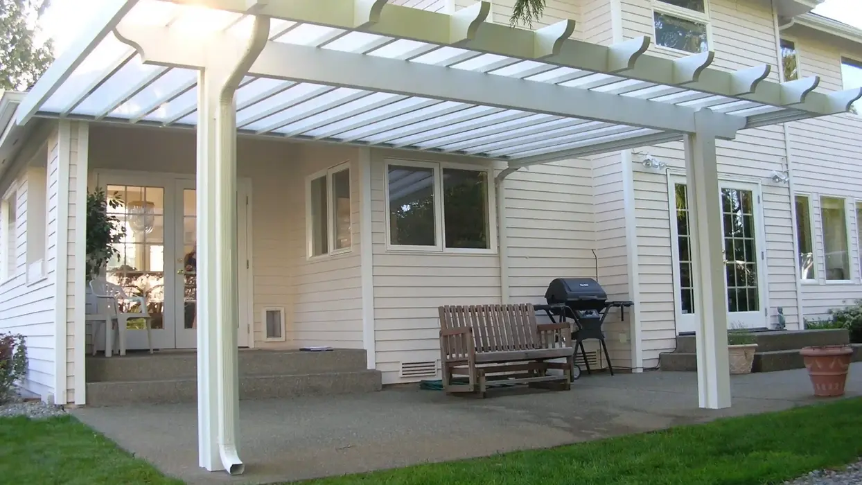White pergola patio cover adds shade to backyard