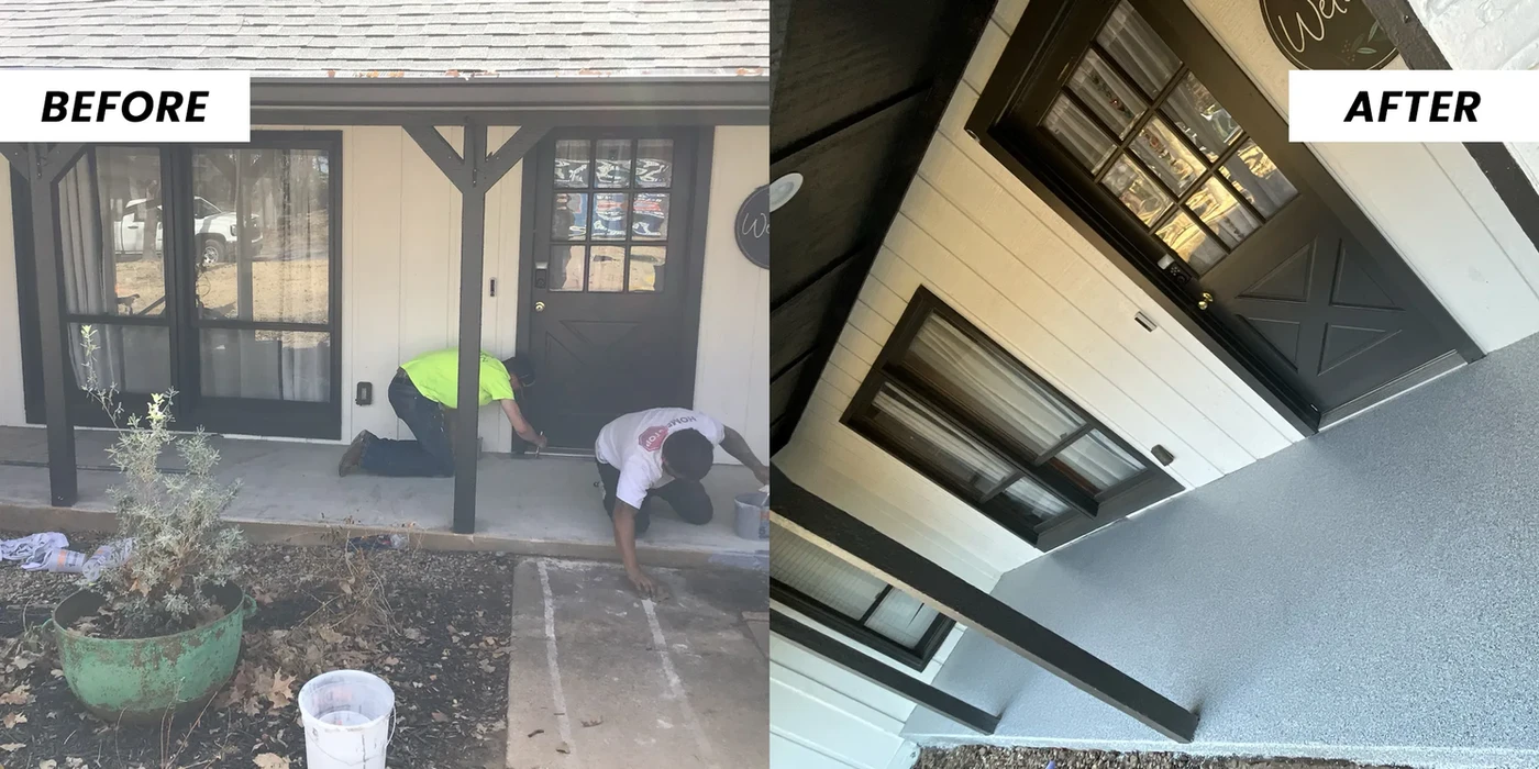 Before & After: Porch floor refinishing, showing workers and a gray coating.