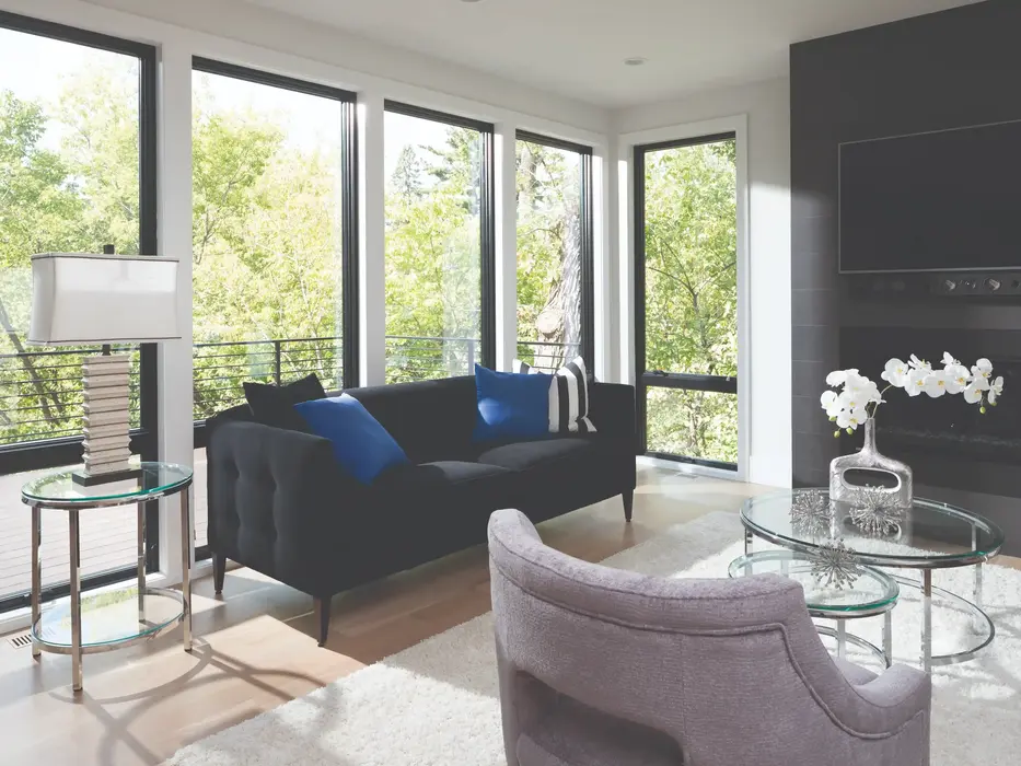 Modern living room with black sofa, large windows, and glass coffee table