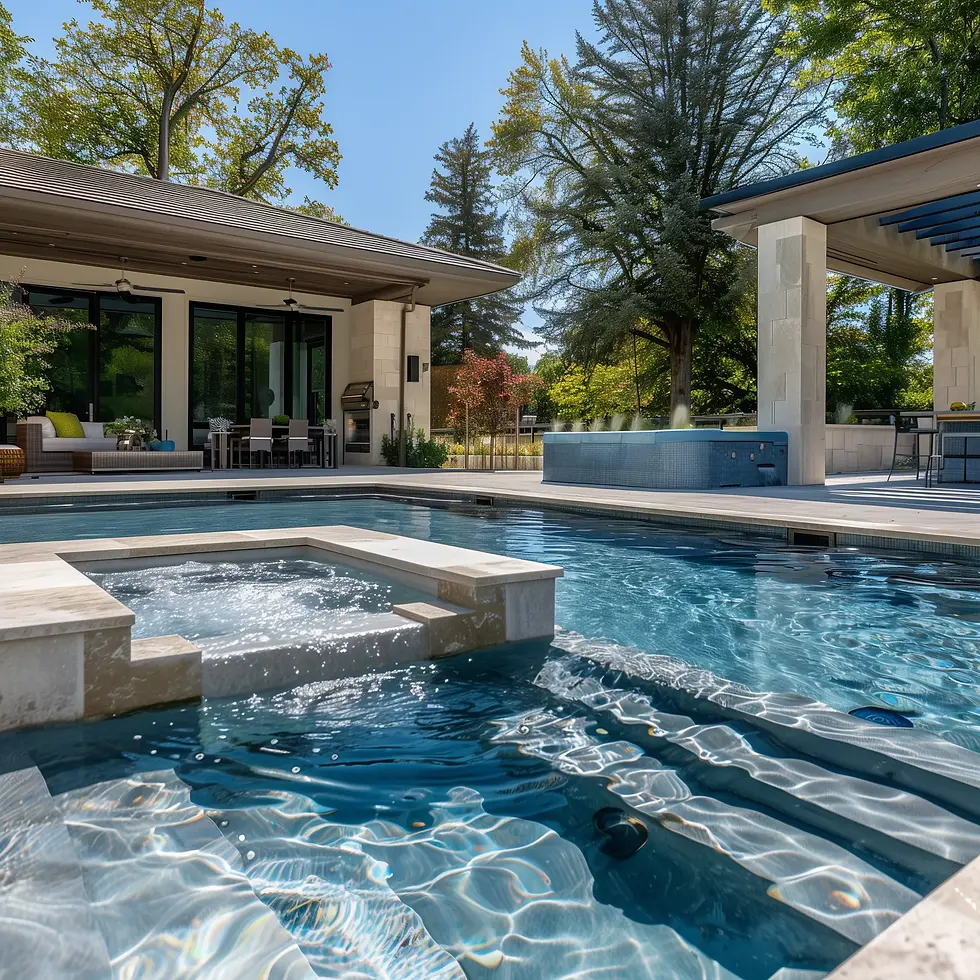 Luxury backyard pool and spa with modern home