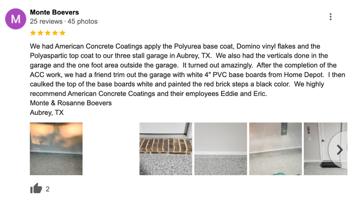 Monte Boevers' 5-star review: American Concrete Coatings garage flooring, Aubrey, TX
