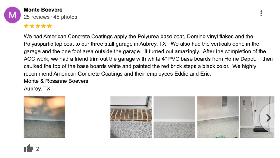 Monte Boevers' 5-star review: American Concrete Coatings garage flooring, Aubrey, TX