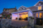 Modern patio structure with LED lights at night